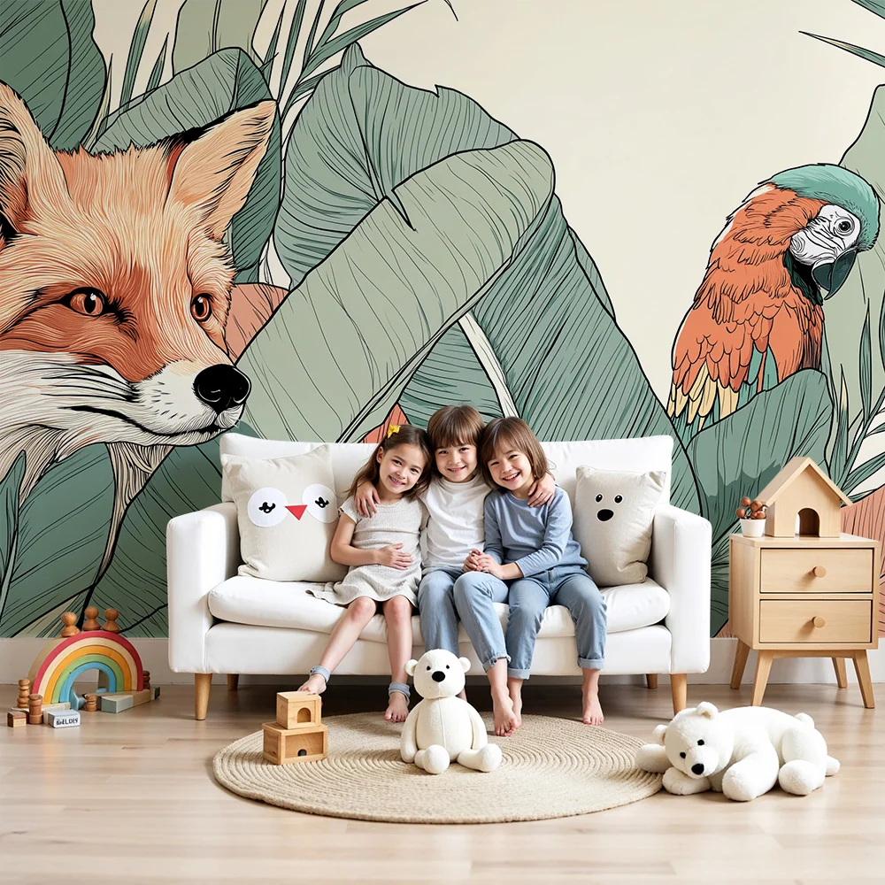 Papel de parede crianç | Raposa curiosa e papagaio colorido numa selva luxuriante