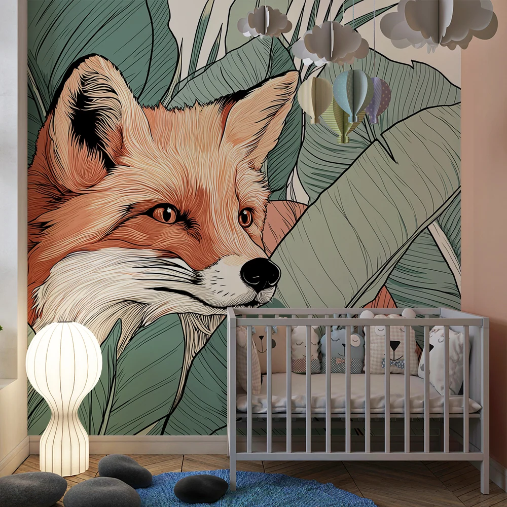 Papel de parede crianç | Raposa curiosa e papagaio colorido numa selva luxuriante