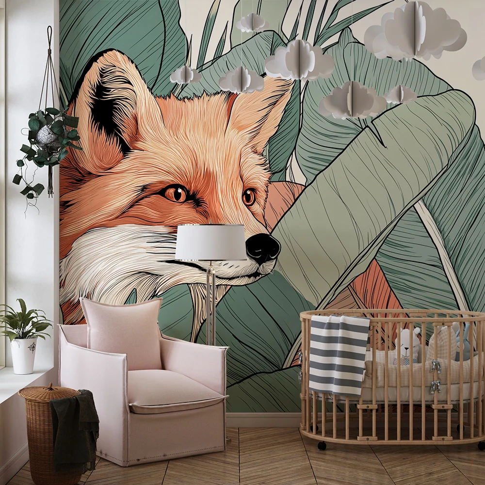 Papel de parede crianç | Raposa curiosa e papagaio colorido numa selva luxuriante
