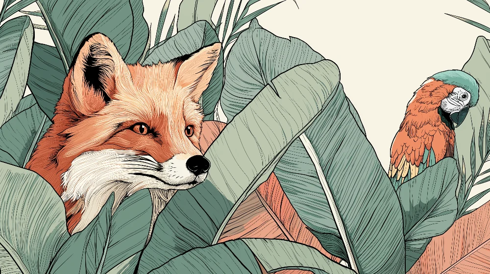 Papel de parede crianç | Raposa curiosa e papagaio colorido numa selva luxuriante