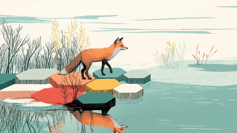 Papel de parede crianç | Raposa exploradora em um lago tranquilo