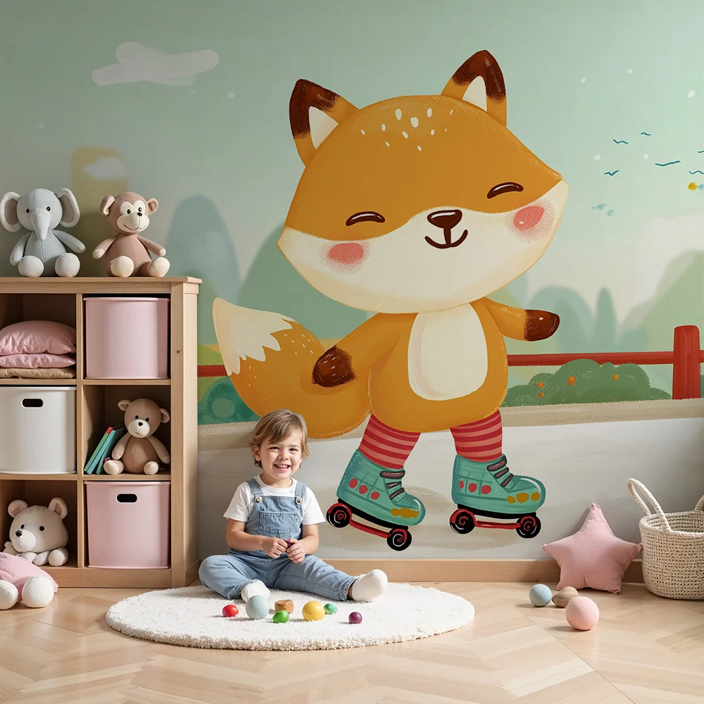 Papel de parede crianç | Raposa feliz andar de patins num parque