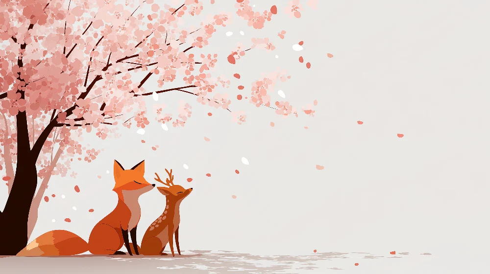 Papel de parede crianç | Raposa e filhote sob uma cerejeira em flor