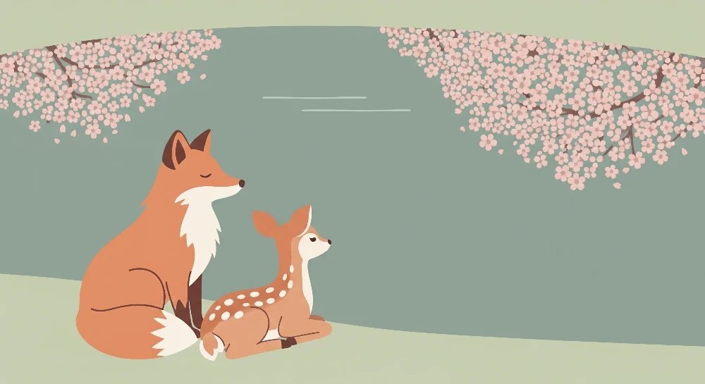 Papel de parede crianç | Raposa e filhote sob as cerejeiras em flor