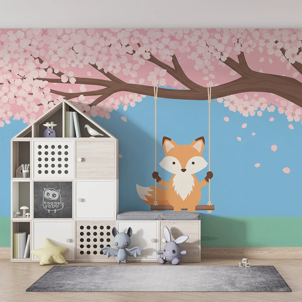 Papel de parede crianç | Raposa fofa em um balanço sob uma cerejeira em flor
