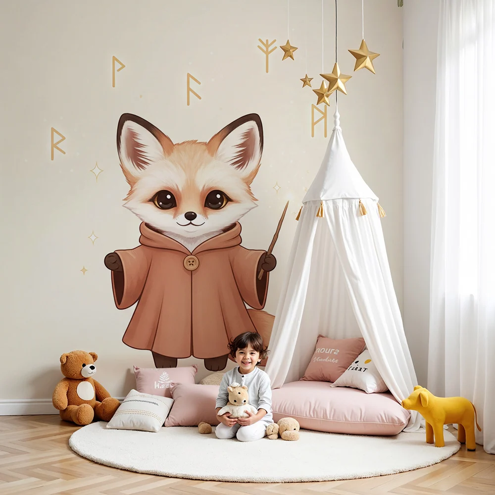 Papel de parede crianç | Raposa fofa com vestido de bruxa e folhas suspensas