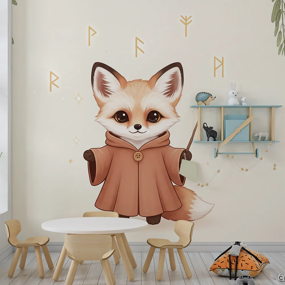 Papel de parede crianç | Raposa fofa com vestido de bruxa e folhas suspensas