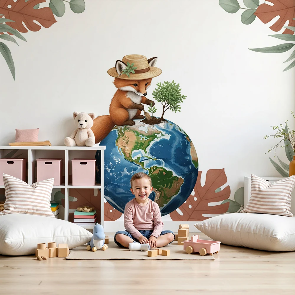 Papel de parede crianç | Raposa fofa plantando uma árvore na Terra