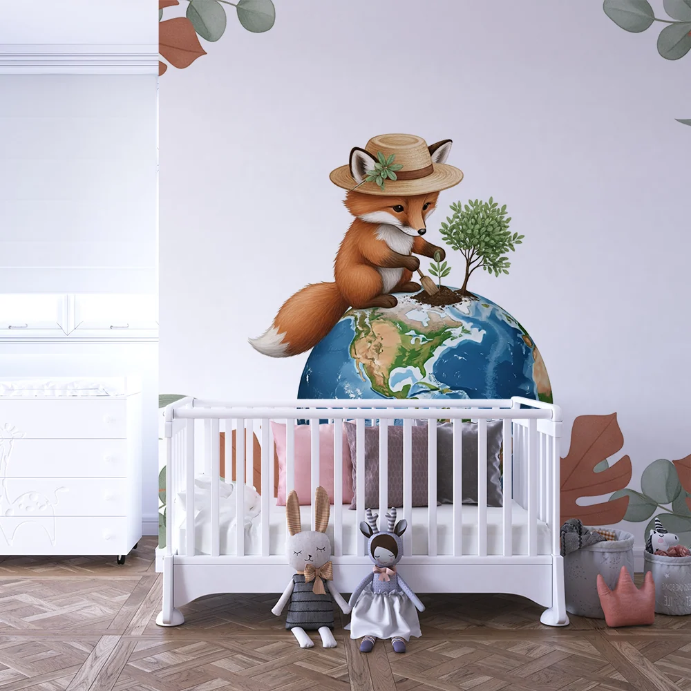 Papel de parede crianç | Raposa fofa plantando uma árvore na Terra