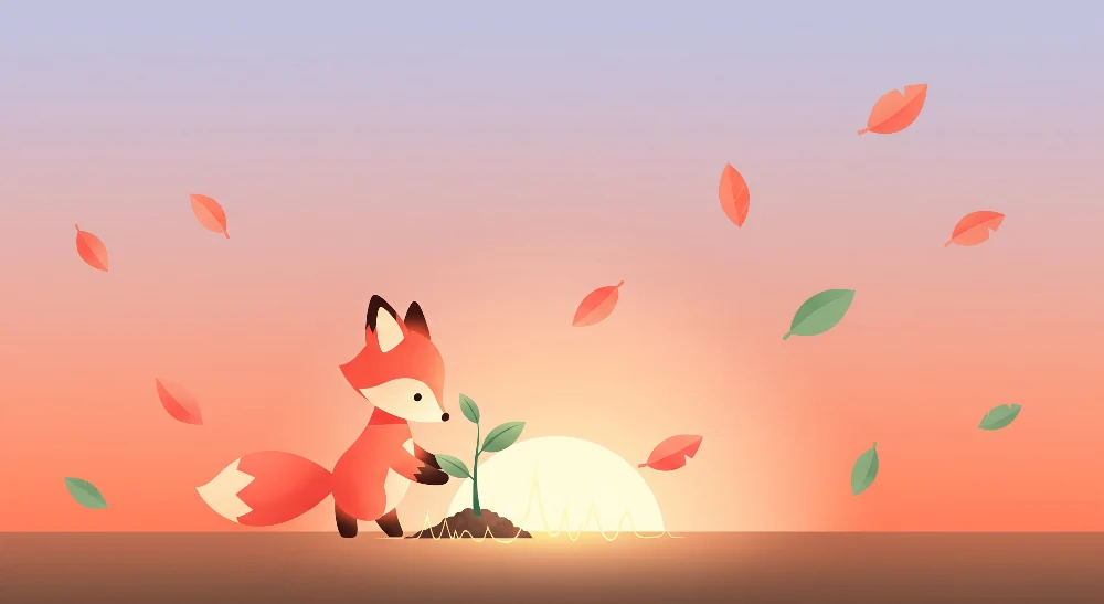Papel de parede crianç | Raposa fofa plantando uma muda ao nascer do sol