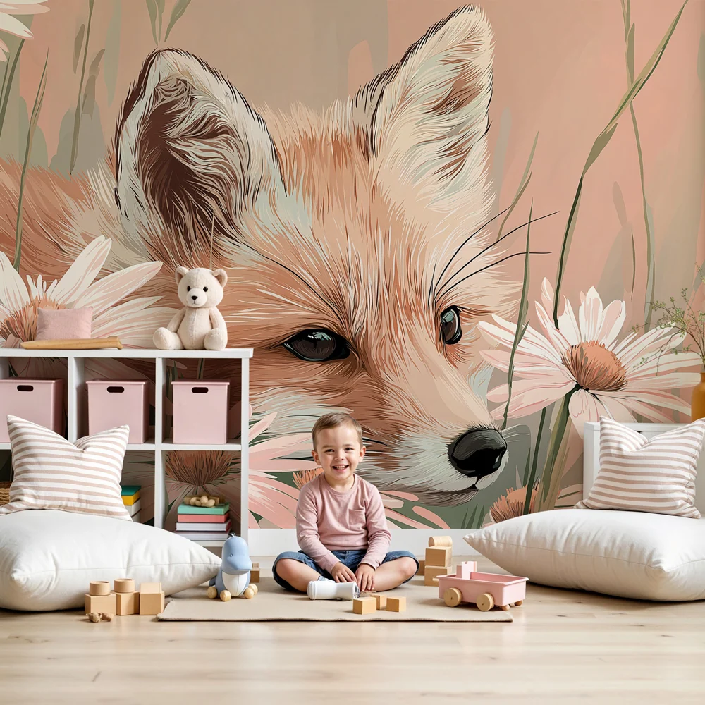 Papel de parede crianç | Raposa num campo de flores