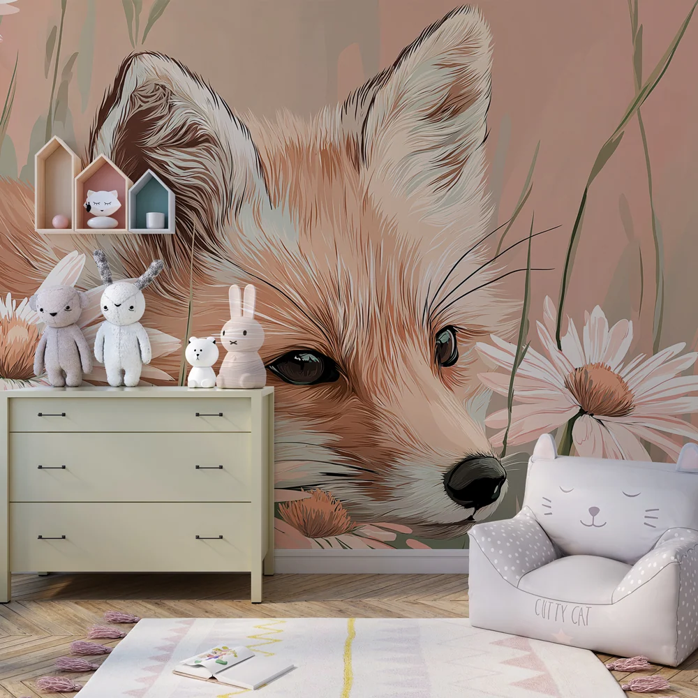 Papel de parede crianç | Raposa num campo de flores
