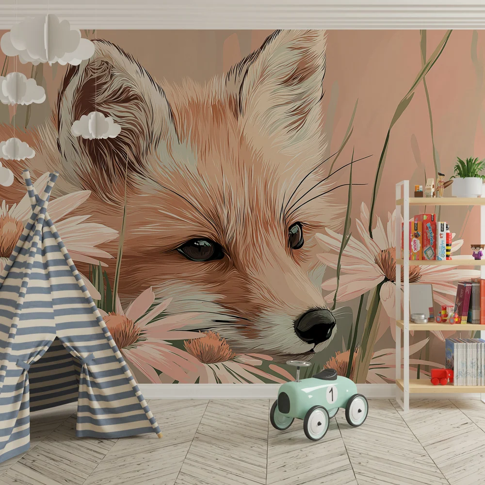 Papel de parede crianç | Raposa num campo de flores