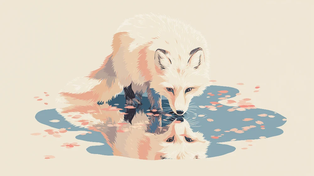 Papel de parede crianç | Raposa polar contemplando seu reflexo em uma poç d'água