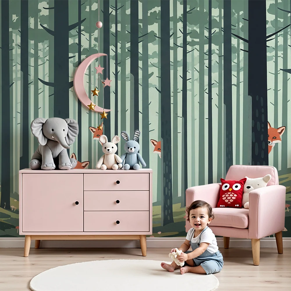 Papel de parede crianç | Raposas travessas numa floresta encantada