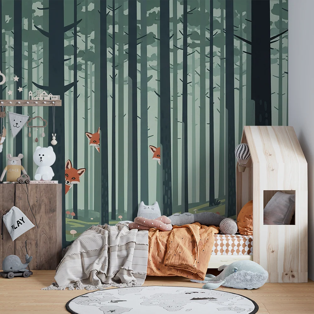 Papel de parede crianç | Raposas travessas numa floresta encantada
