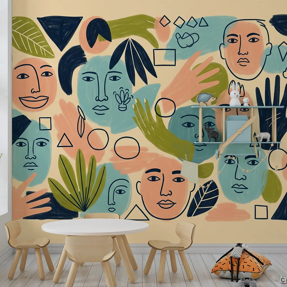 Papel de parede crianç | Rostos coloridos e formas abstratas em fundo suave