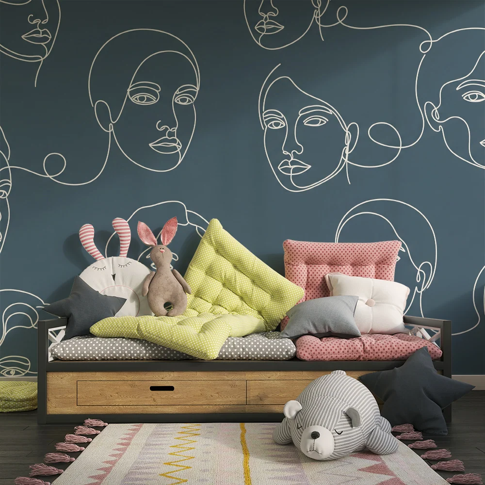 Papel de parede crianç | Rostos estilizados em linhas brancas em fundo azul