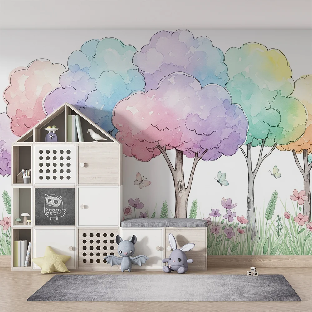 Papel de parede crianç | Árvores coloridas e flores num cenário encantador