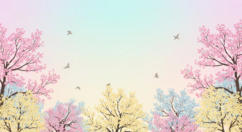 Papel de parede crianç | Árvores em flor com céu pastel