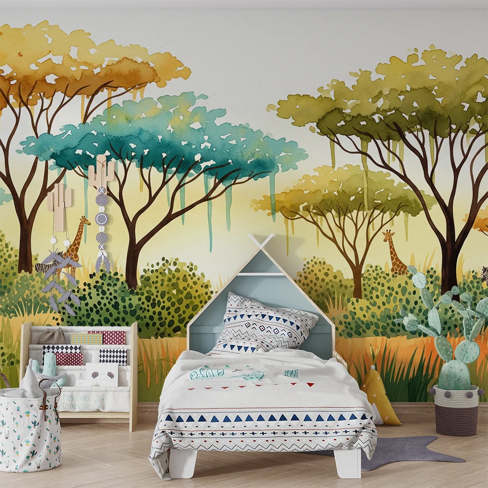 Papel de parede crianç | Safari colorido com girafas e zebras na savana