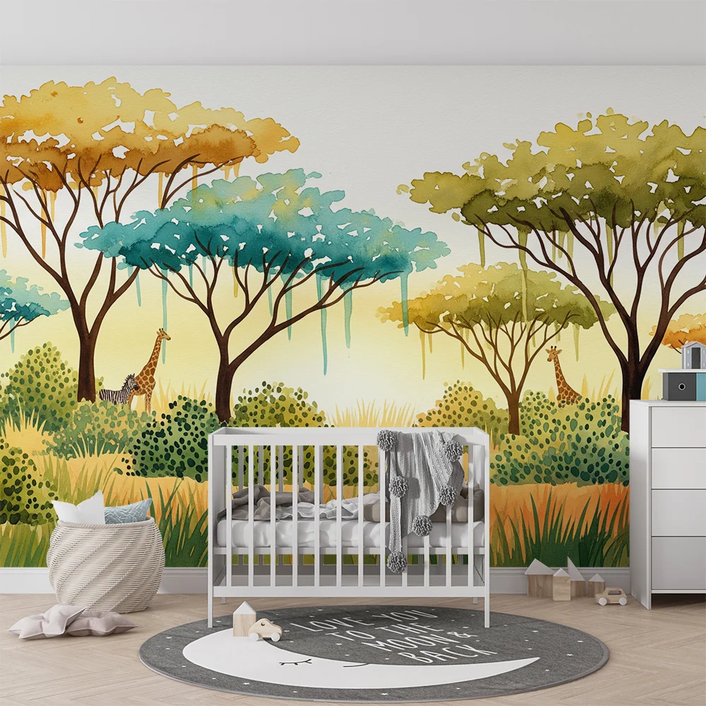 Papel de parede crianç | Safari colorido com girafas e zebras na savana