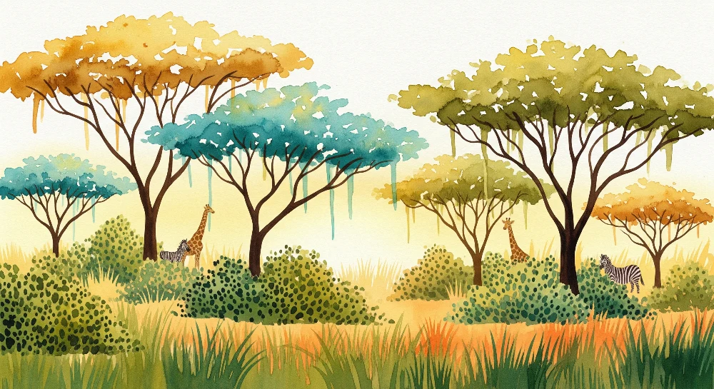 Papel de parede crianç | Safari colorido com girafas e zebras na savana