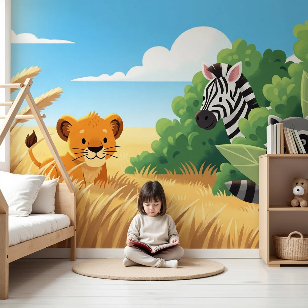 Papel de parede crianç | Safari divertido com leão, zebra e guaxinim