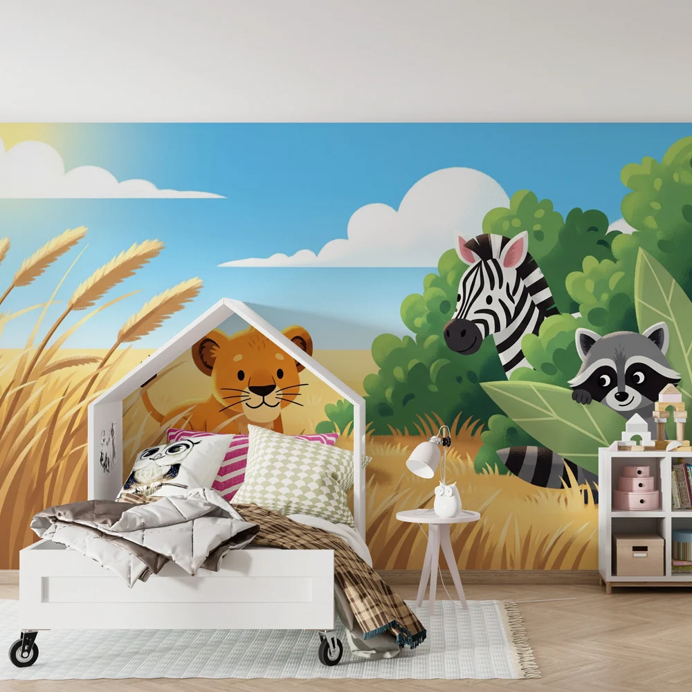 Papel de parede crianç | Safari divertido com leão, zebra e guaxinim