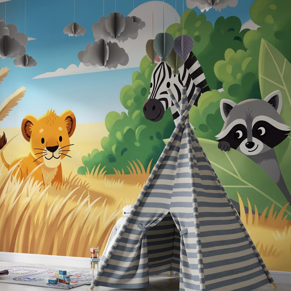 Papel de parede crianç | Safari divertido com leão, zebra e guaxinim
