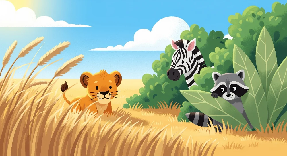 Papel de parede crianç | Safari divertido com leão, zebra e guaxinim