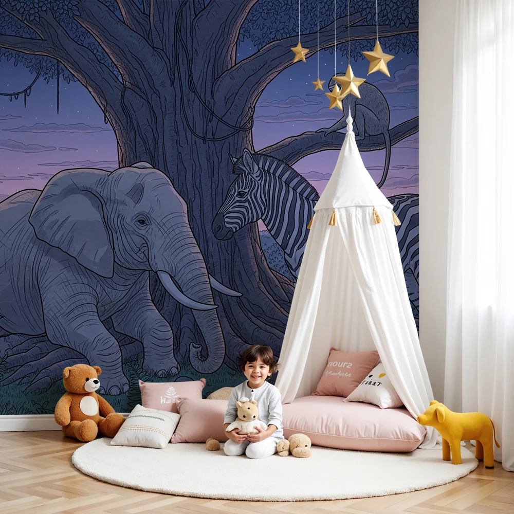 Papel de parede crianç | Safari noturno com elefante, zebra e macaco