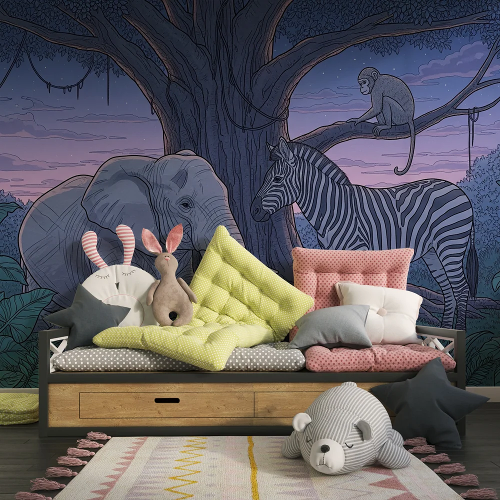 Papel de parede crianç | Safari noturno com elefante, zebra e macaco