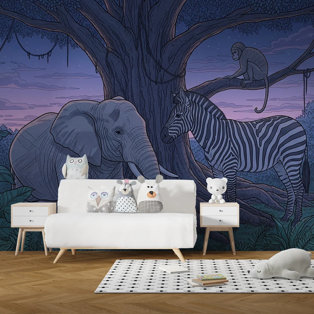 Papel de parede crianç | Safari noturno com elefante, zebra e macaco
