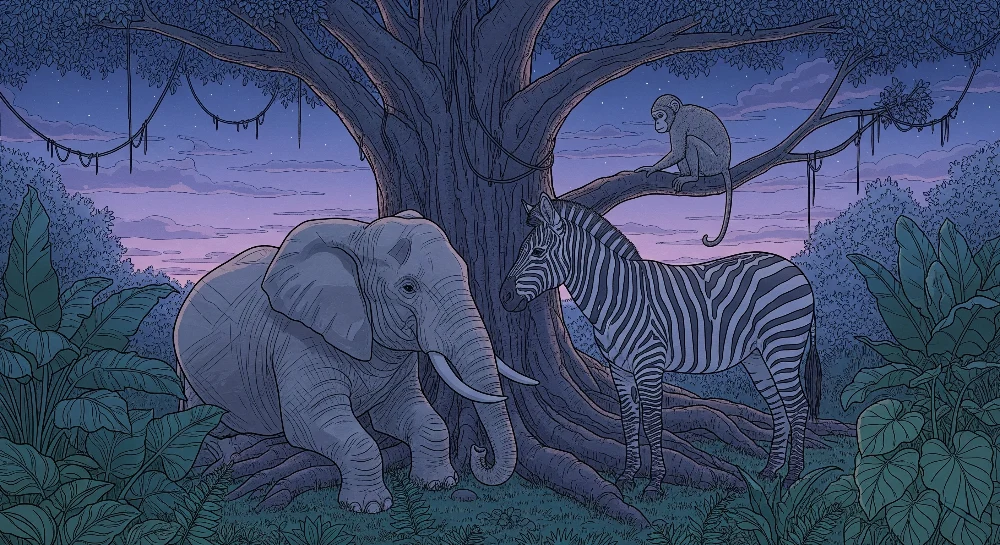 Papel de parede crianç | Safari noturno com elefante, zebra e macaco