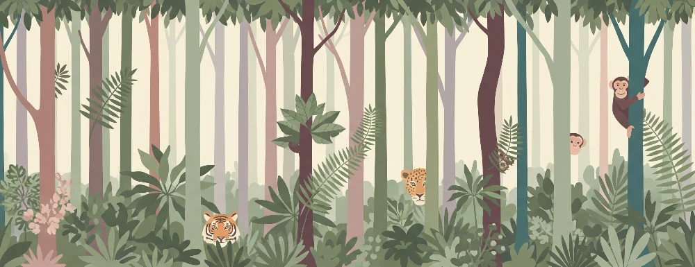 Papel de parede crianç | Selva animada com tigres e macacos travessos
