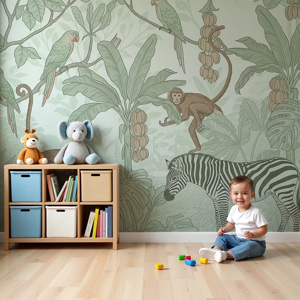 Papel de parede crianç | Selva animada com macacos, papagaios e zebra