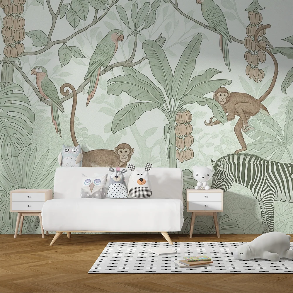 Papel de parede crianç | Selva animada com macacos, papagaios e zebra