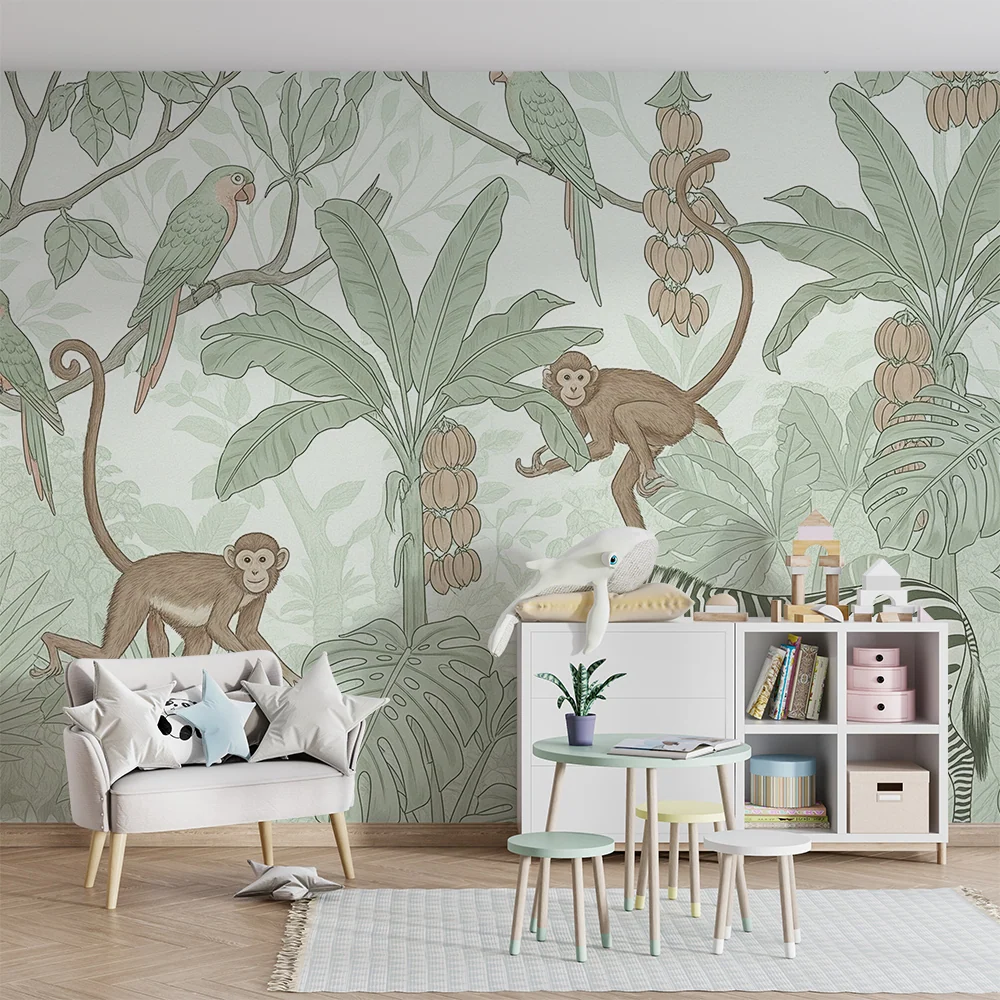 Papel de parede crianç | Selva animada com macacos, papagaios e zebra