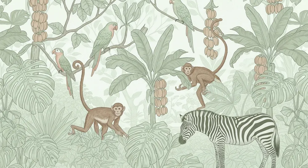 Papel de parede crianç | Selva animada com macacos, papagaios e zebra