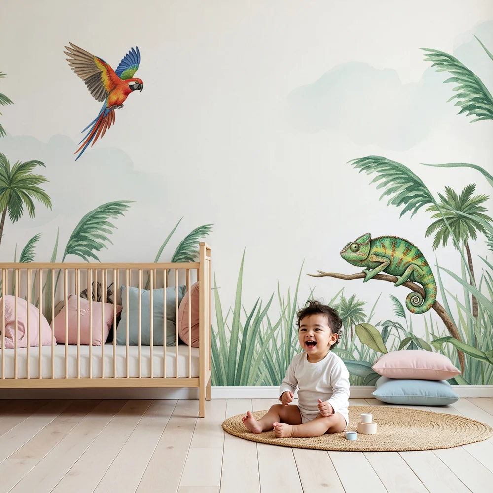 Papel de parede crianç | Selva colorida com papagaio, zebra e camaleão