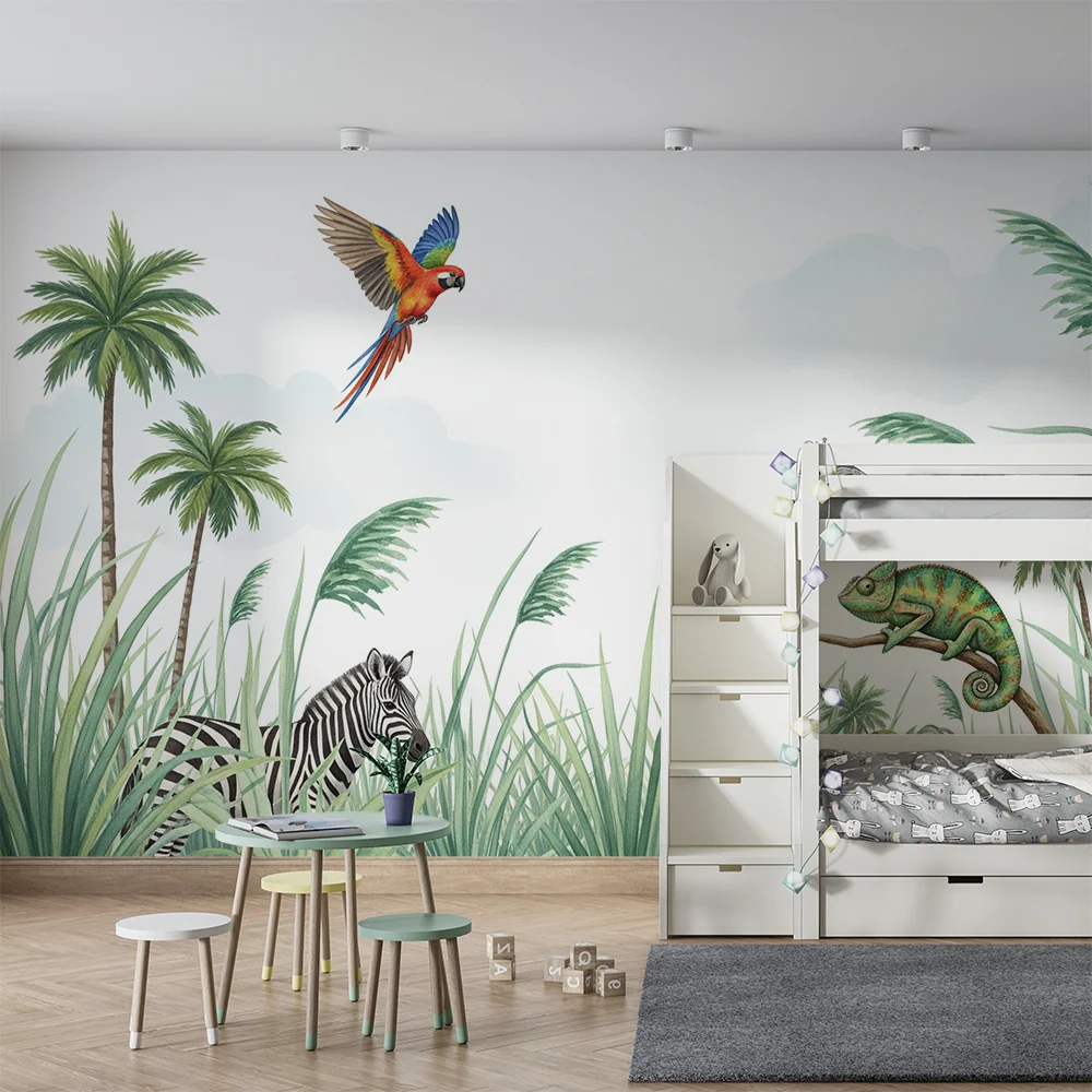 Papel de parede crianç | Selva colorida com papagaio, zebra e camaleão