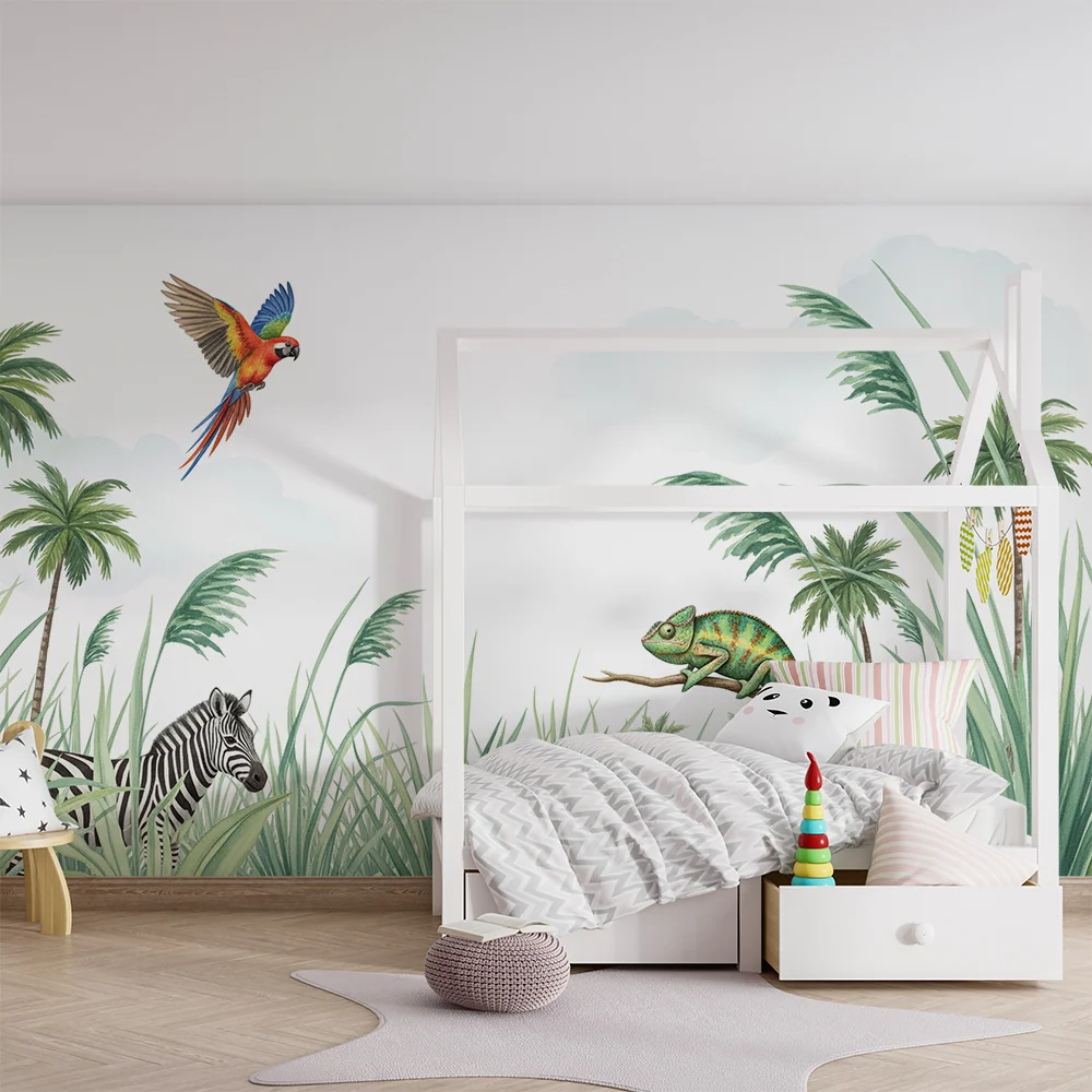 Papel de parede crianç | Selva colorida com papagaio, zebra e camaleão