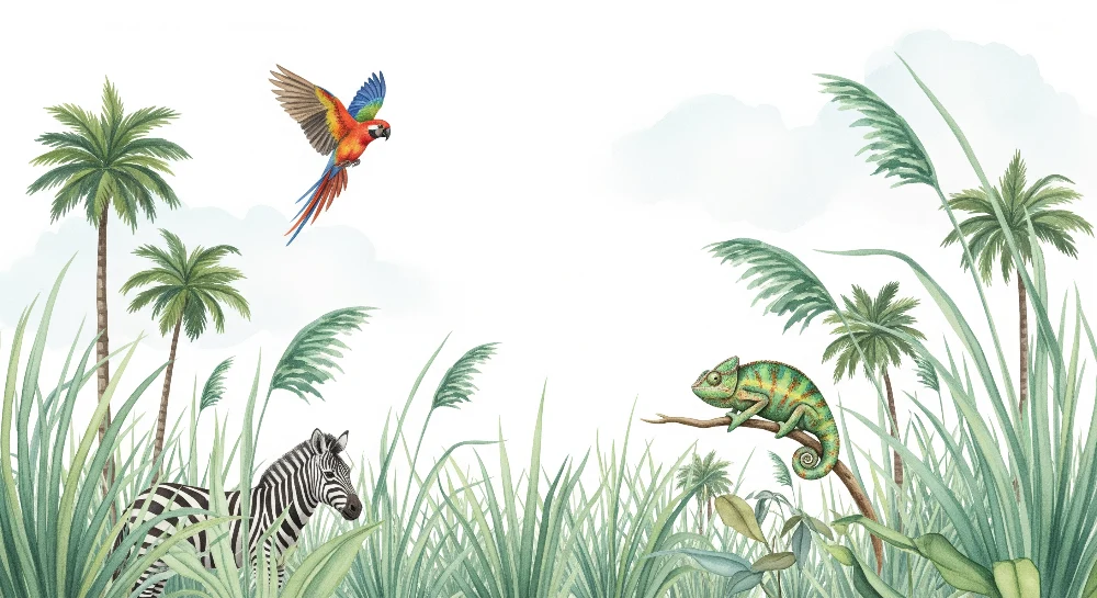Papel de parede crianç | Selva colorida com papagaio, zebra e camaleão