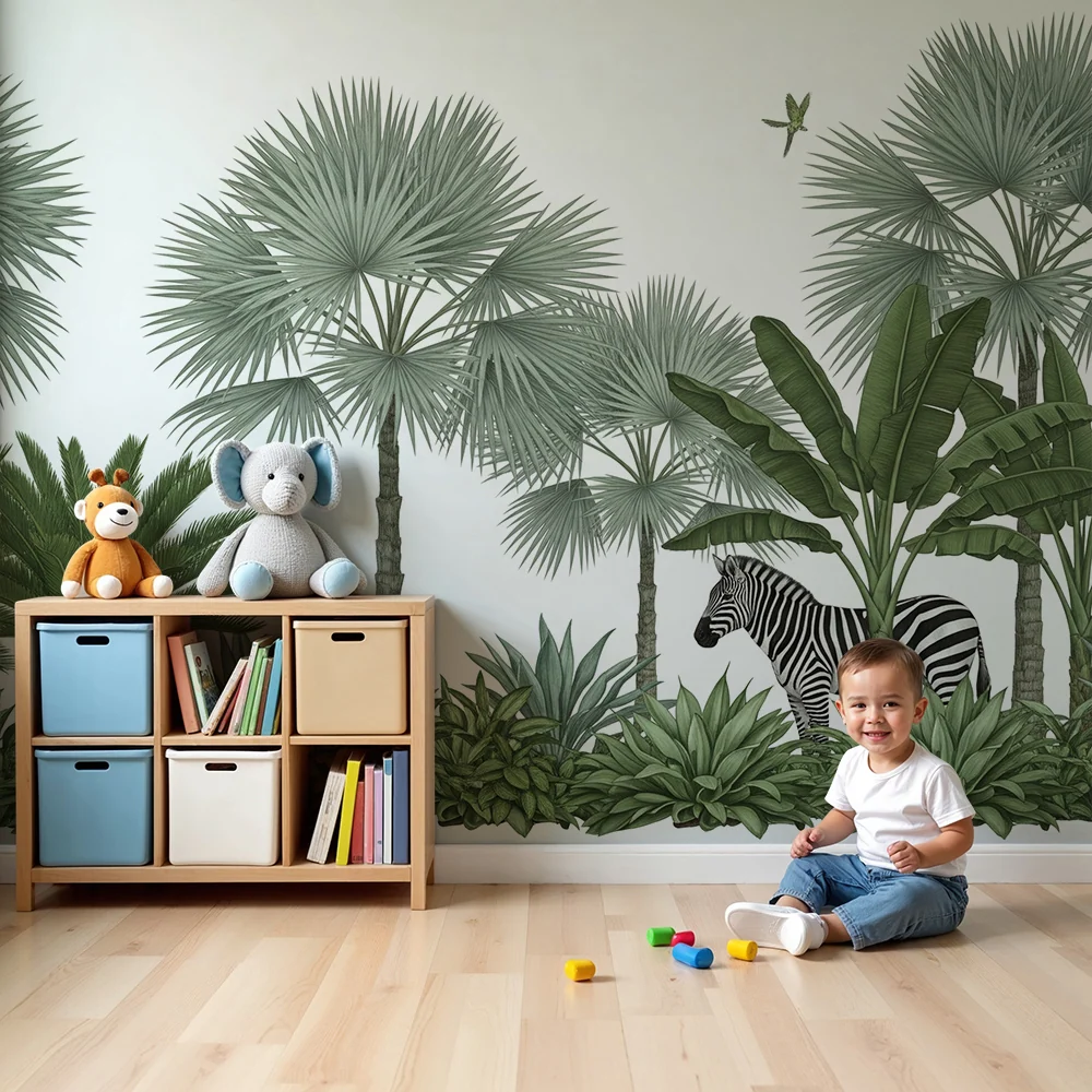 Papel de parede crianç | Selva com leopardo e zebra