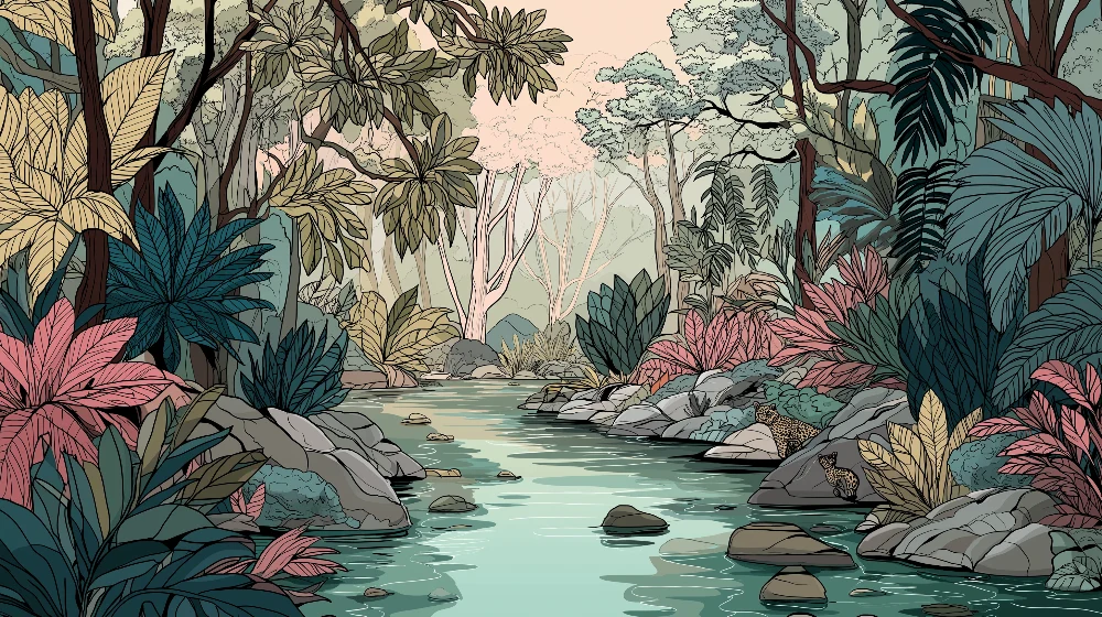 Papel de parede crianç | Selva exótica com rio e animais