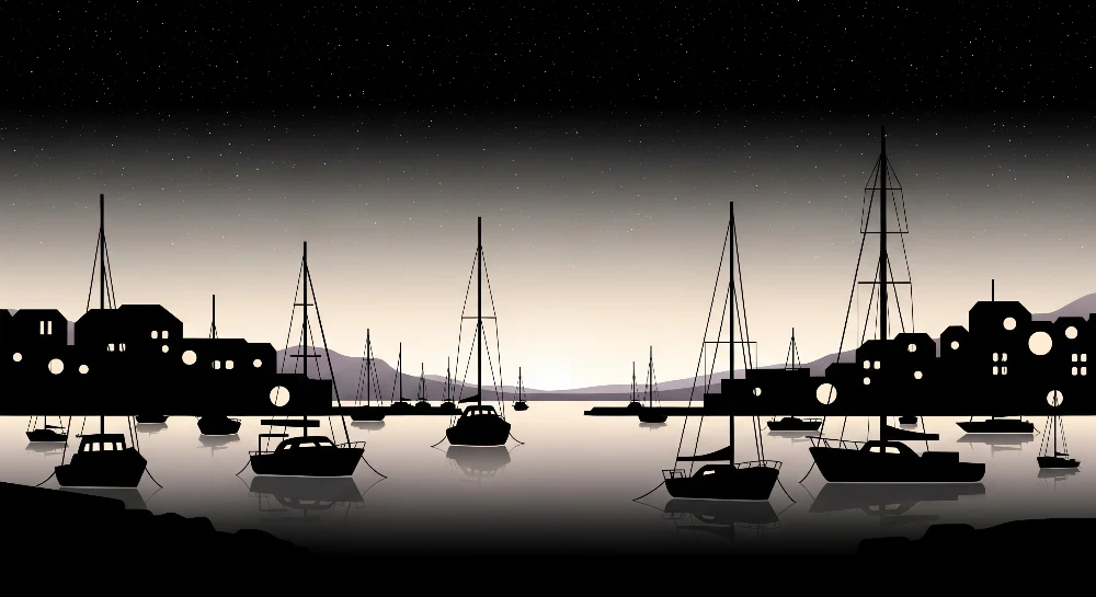 Papel de parede crianç | Silhuetas de barcos e paisagem noturna calmante