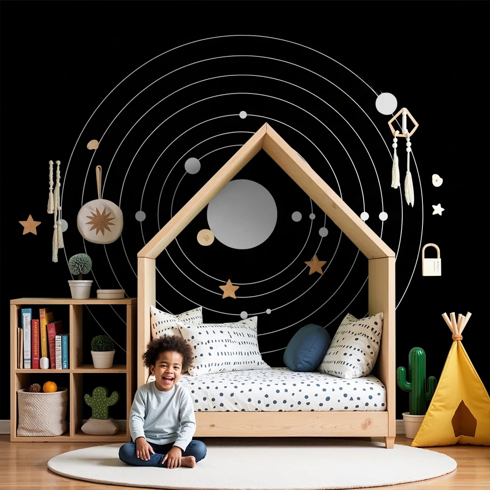 Papel de parede crianç | Sistema solar minimalista em preto e branco