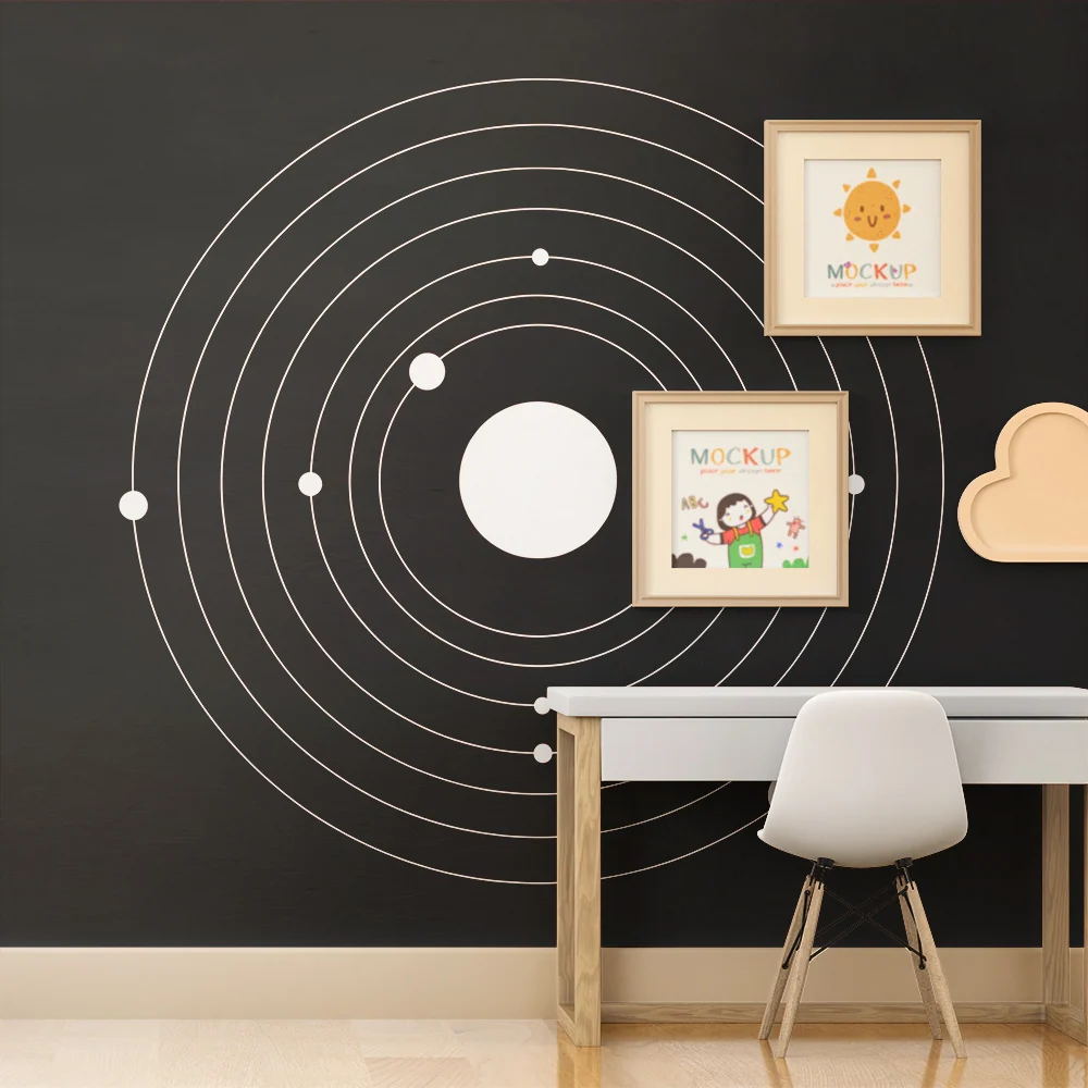 Papel de parede crianç | Sistema solar minimalista em preto e branco