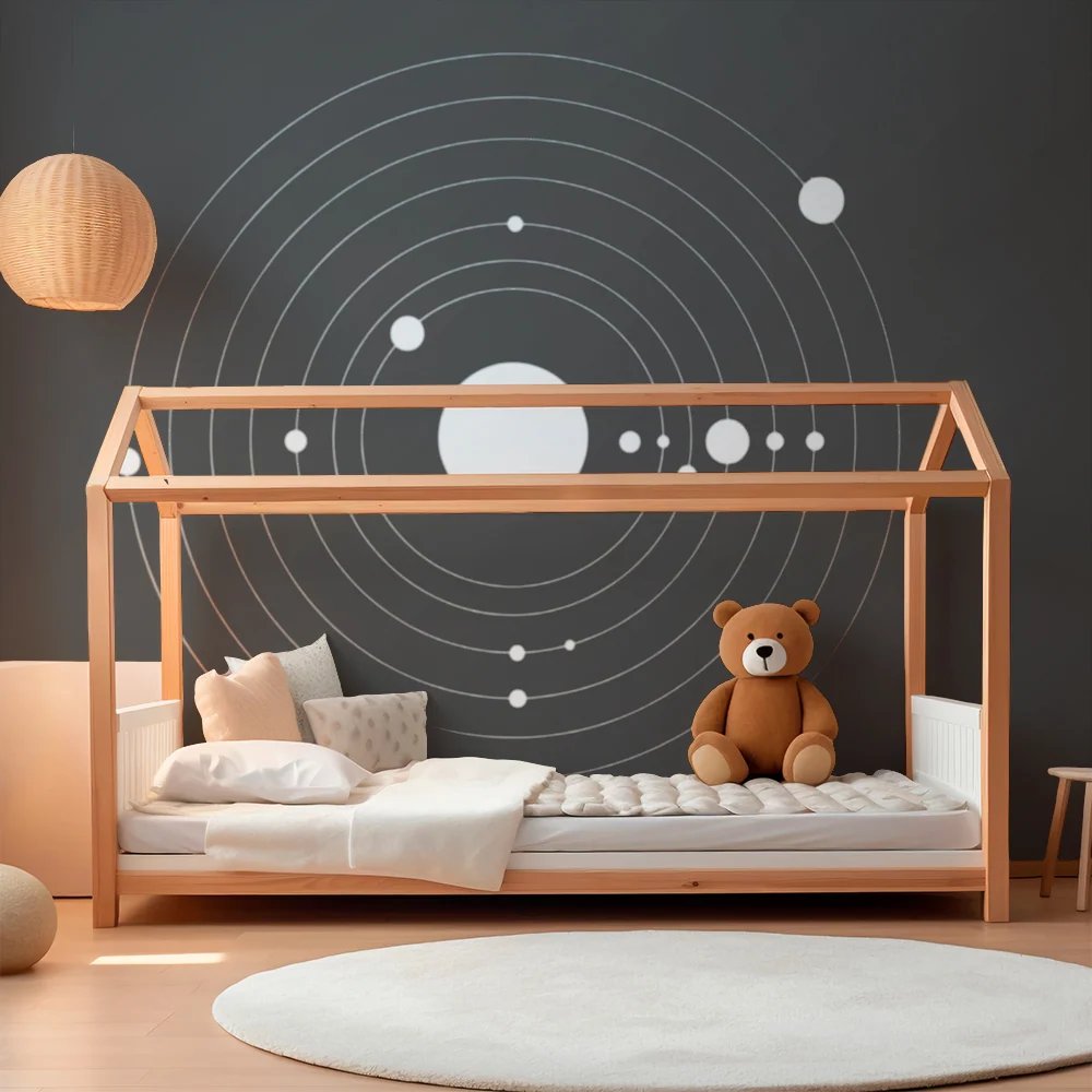 Papel de parede crianç | Sistema solar minimalista em preto e branco